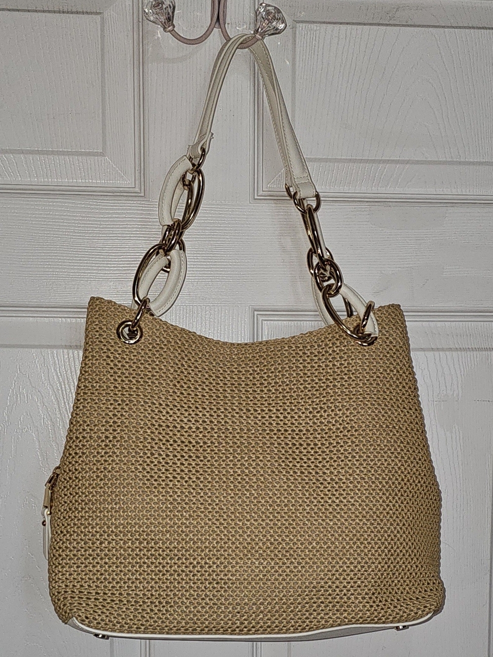 Woven Straw Hobo Bag with Gold Chain Accents - White Trim